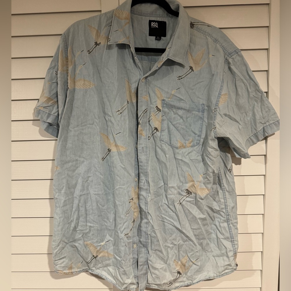 RSQ Casual Short Sleeve Button Down with Storks great for gender reveal party